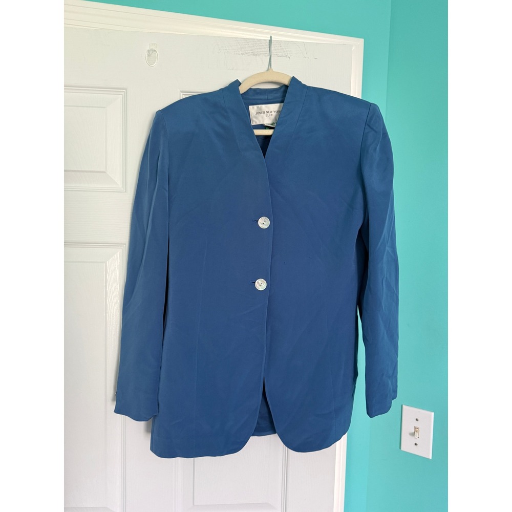 Jones New York Suit Blue 100% Silk Blazer Jacket Collarless Size 6 2296